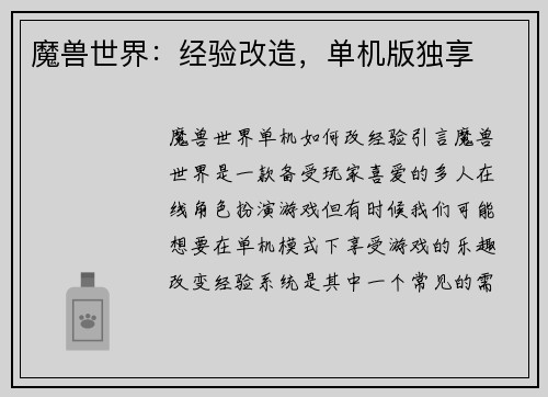 魔兽世界：经验改造，单机版独享